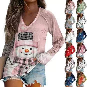Женская повседневная мода с графическим принтом, винтажный повседневный принт, длинный рукав, V-образный вырез, пуловер, топ, блузка S