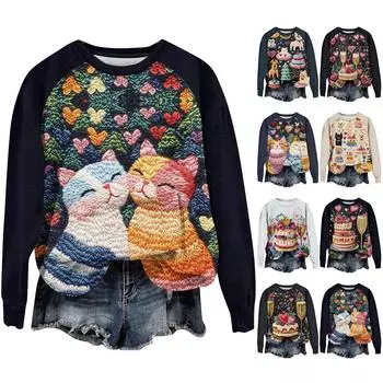 Женская повседневная мода с графическим принтом, винтажный повседневный принт, длинный рукав, О-образный вырез, пуловер, топ, блузка L бежевый