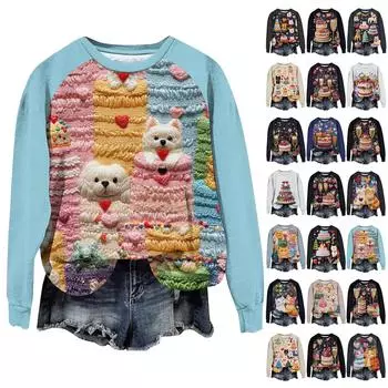 Женская повседневная мода с графическим принтом, винтажный повседневный принт, длинный рукав, О-образный вырез, пуловер, топ, блузка L бежевый