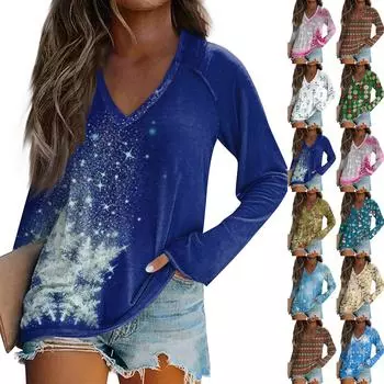 Женская повседневная мода с графическим принтом, винтажный повседневный принт, длинный рукав, V-образный вырез, пуловер, топ, блузка L