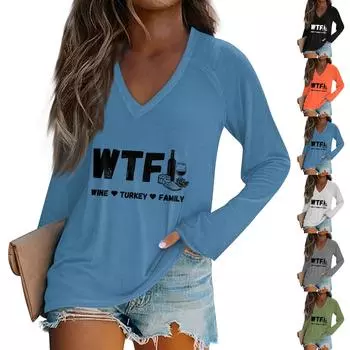 Женская повседневная мода с графическим принтом, винтажный повседневный принт, длинный рукав, V-образный вырез, пуловер, топ, блузка, Рождество L синий