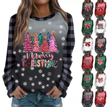 Женская повседневная мода с графическим принтом, винтажный повседневный принт, длинный рукав, О-образный вырез, пуловер, топ, блузка XL зелёный