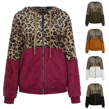 Женская повседневная мода с капюшоном и длинными рукавами, пуловер с леопардовым принтом, плюшевая куртка-свитер S чёрный