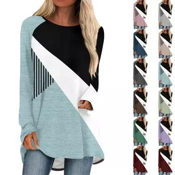 Женская повседневная мода с круглым вырезом, пуловер с принтом, длинный рукав, топ средней длины, блузка XXXL хаки