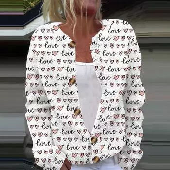 Женская повседневная мода с принтом, длинный рукав, кардиган, куртка на пуговицах L чёрный