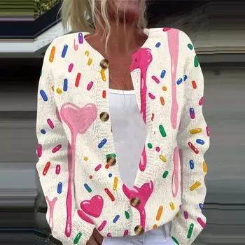 Женская повседневная мода с принтом, длинный рукав, кардиган, куртка на пуговицах L бежевый