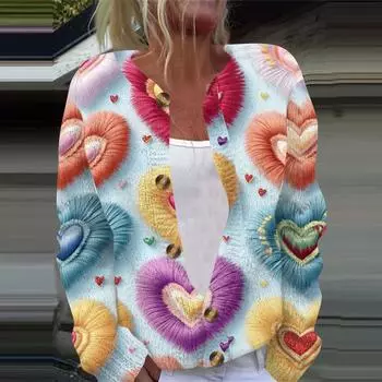 Женская повседневная мода с принтом, длинный рукав, кардиган, куртка на пуговицах L синий