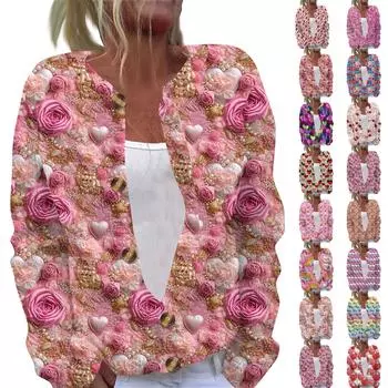 Женская повседневная мода с принтом, длинный рукав, кардиган, куртка на пуговицах L чёрный