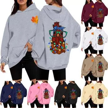 Женская повседневная мода с принтом Дня благодарения с длинным рукавом и капюшоном XXXL тёмно-синий