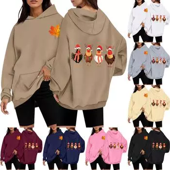 Женская повседневная мода с принтом Дня благодарения с длинным рукавом и капюшоном M тёмно-синий