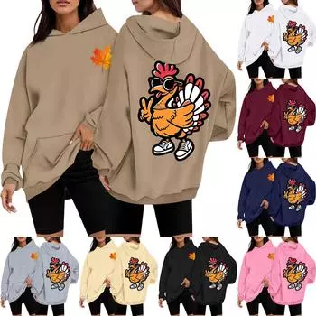 Женская повседневная мода с принтом Дня благодарения с длинным рукавом и капюшоном XL тёмно-синий