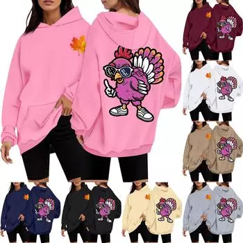 Женская повседневная мода с принтом Дня благодарения с длинным рукавом и капюшоном XL тёмно-синий