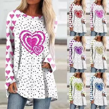 Женская повседневная мода с принтом ко Дню святого Валентина, блузка с длинным рукавом и средней длиной M фиолетовый