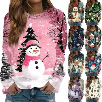 Женская повседневная мода с принтом рождественской елки и круглым вырезом с длинными рукавами XXXXL