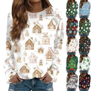 Женская повседневная мода с рождественским принтом, длинный рукав, круглый вырез, пуловер, топ, блузка, свитшот L чёрный