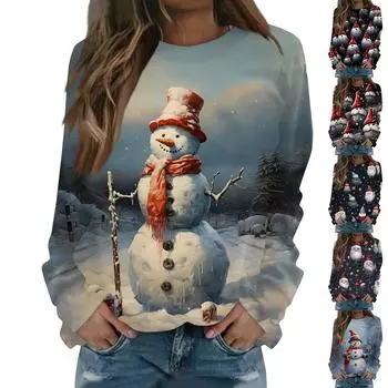 Женская повседневная мода с рождественским принтом и длинным рукавом с круглым вырезом, пуловер, блузка, толстовка XL