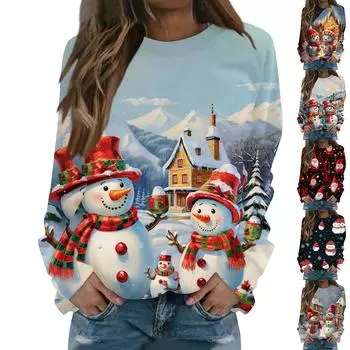 Женская повседневная мода с рождественским принтом и длинным рукавом с круглым вырезом, пуловер, блузка, толстовка XL