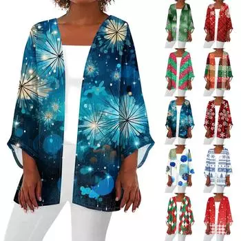 Женская повседневная мода с рождественским принтом легкая куртка средней длины кардиган XXL винный