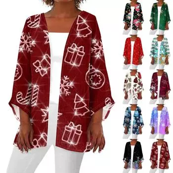 Женская повседневная мода с рождественским принтом легкая куртка средней длины кардиган XXXXXL белый