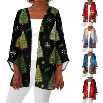Женская повседневная мода с рождественским принтом легкая куртка средней длины кардиган XXXL винный