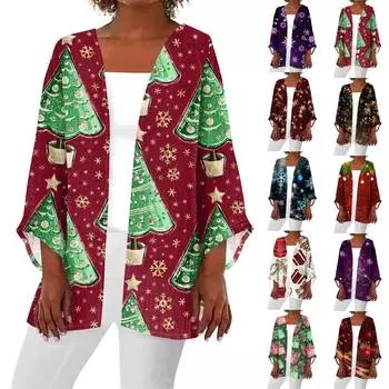 Женская повседневная мода с рождественским принтом легкая куртка средней длины кардиган XXXXXL