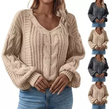 Женская повседневная мода с V-образным вырезом и длинными рукавами, вязаный свитер с принтом, топ S