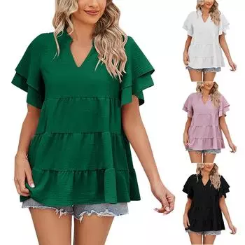 Женская повседневная мода с V-образным вырезом и двойным рукавом, топы L чёрный