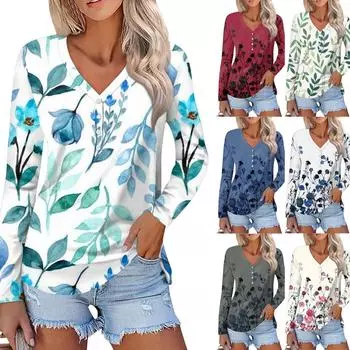 Женская повседневная мода Сексуальная удобная растительная цветочная печать с v-образным вырезом и пуговицами с длинным рукавом XL зелёный