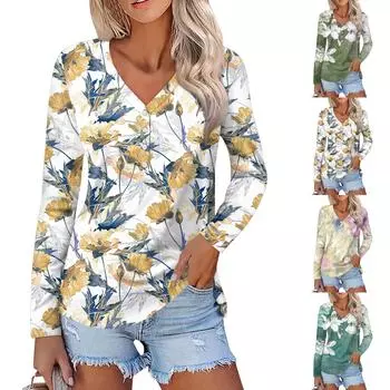 Женская повседневная мода Сексуальная удобная растительная цветочная печать с v-образным вырезом и пуговицами с длинным рукавом L