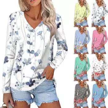Женская повседневная мода Сексуальная удобная растительная цветочная печать с v-образным вырезом и пуговицами с длинным рукавом XL
