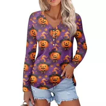 Женская повседневная мода, сексуальный комфорт, Хэллоуин с принтом и v-образным вырезом, пуговицы, длинный рукав M