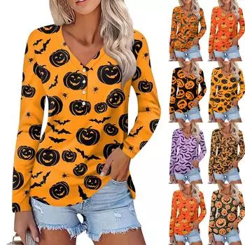 Женская повседневная мода, сексуальный комфорт, Хэллоуин с принтом и v-образным вырезом, пуговицы, длинный рукав L