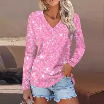 Женская повседневная мода сексуальный комфорт рождественский принт V-образный вырез пуговицы длинный рукав S