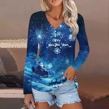 Женская повседневная мода сексуальный комфорт рождественский принт V-образный вырез пуговицы длинный рукав L чёрный