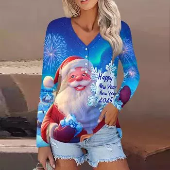 Женская повседневная мода сексуальный комфорт рождественский принт V-образный вырез пуговицы длинный рукав L чёрный