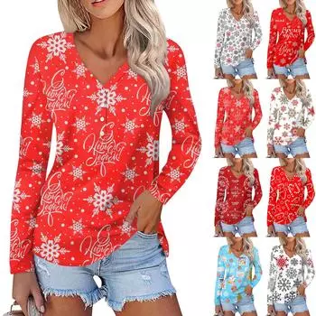 Женская повседневная мода сексуальный комфорт рождественский принт V-образный вырез пуговицы длинный рукав XXXL