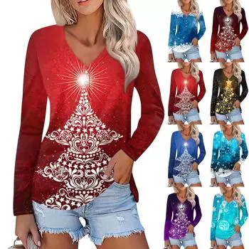 Женская повседневная мода сексуальный комфорт рождественский принт V-образный вырез пуговицы длинный рукав XXL синий