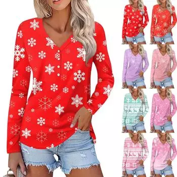 Женская повседневная мода сексуальный комфорт рождественский принт V-образный вырез пуговицы длинный рукав L циан