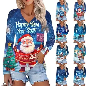 Женская повседневная мода сексуальный комфорт рождественский принт V-образный вырез пуговицы длинный рукав L тёмно-синий