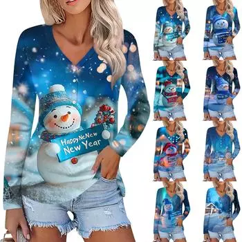 Женская повседневная мода сексуальный комфорт рождественский принт V-образный вырез пуговицы длинный рукав XXL