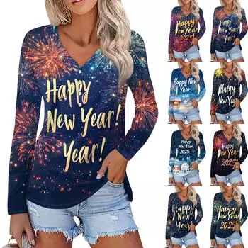 Женская повседневная мода сексуальный комфорт рождественский принт V-образный вырез пуговицы длинный рукав L чёрный