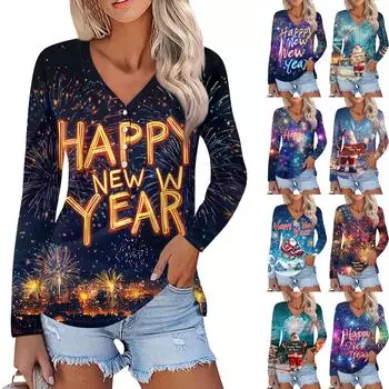 Женская повседневная мода сексуальный комфорт рождественский принт V-образный вырез пуговицы длинный рукав L чёрный