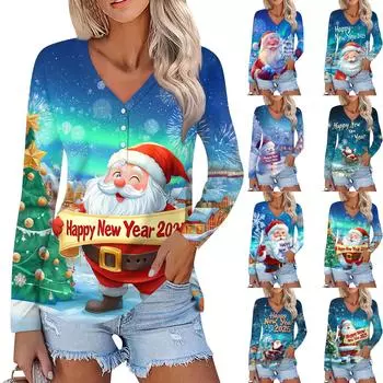 Женская повседневная мода сексуальный комфорт рождественский принт V-образный вырез пуговицы длинный рукав L чёрный