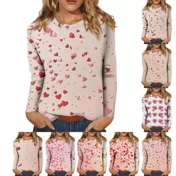 Женская повседневная мода сексуальный удобный День святого Валентина принтованный круглый вырез длинный рукав топ XXXL розовый