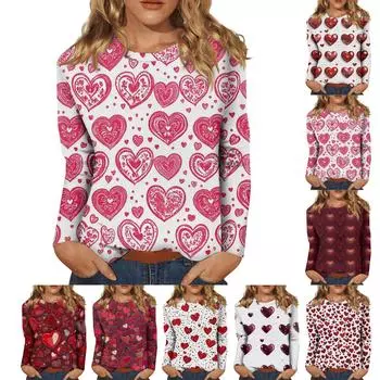 Женская повседневная мода сексуальный удобный День святого Валентина принтованный круглый вырез длинный рукав топ XXL киноварь