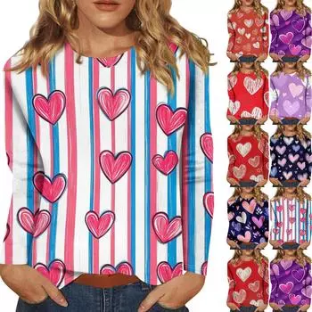 Женская повседневная мода сексуальный удобный День святого Валентина принтованный круглый вырез длинный рукав топ L темно-фиолетового