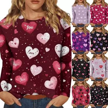 Женская повседневная мода сексуальный удобный День святого Валентина принтованный круглый вырез длинный рукав топ L чёрный