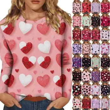 Женская повседневная мода сексуальный удобный День святого Валентина принтованный круглый вырез длинный рукав топ L темно-фиолетового
