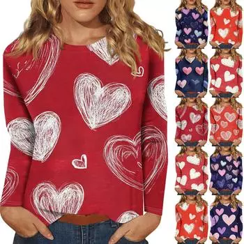 Женская повседневная мода сексуальный удобный День святого Валентина принтованный круглый вырез длинный рукав топ XXXL