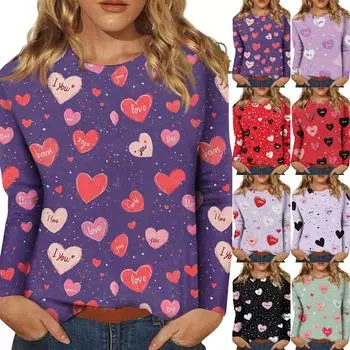 Женская повседневная мода сексуальный удобный День святого Валентина принтованный круглый вырез длинный рукав топ XXXL
